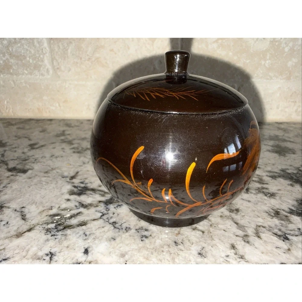 Vtg Asian lacquerware trinket box, hand-painted goldfish in gold,orange on black